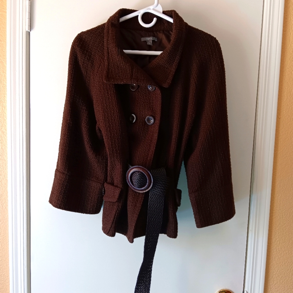 WOMEN'S DARK BROWN BELTED TWEED JACKET